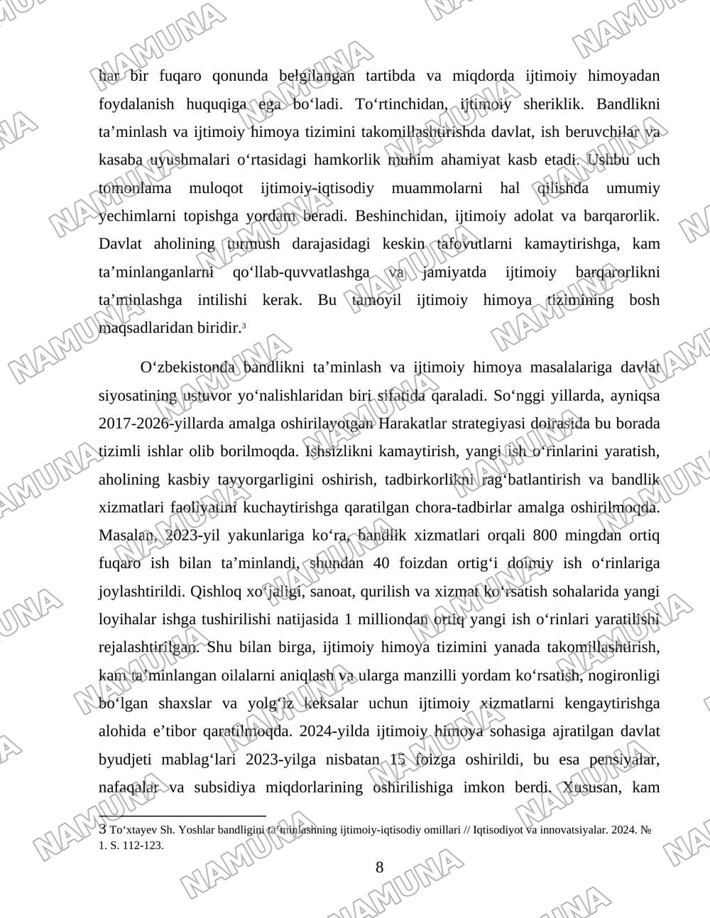 Oʻzbekiston respublikasi aholining ish bilan bandligini taʼminlash va ijtimoiy himoyalash muammolari — 8-varaq