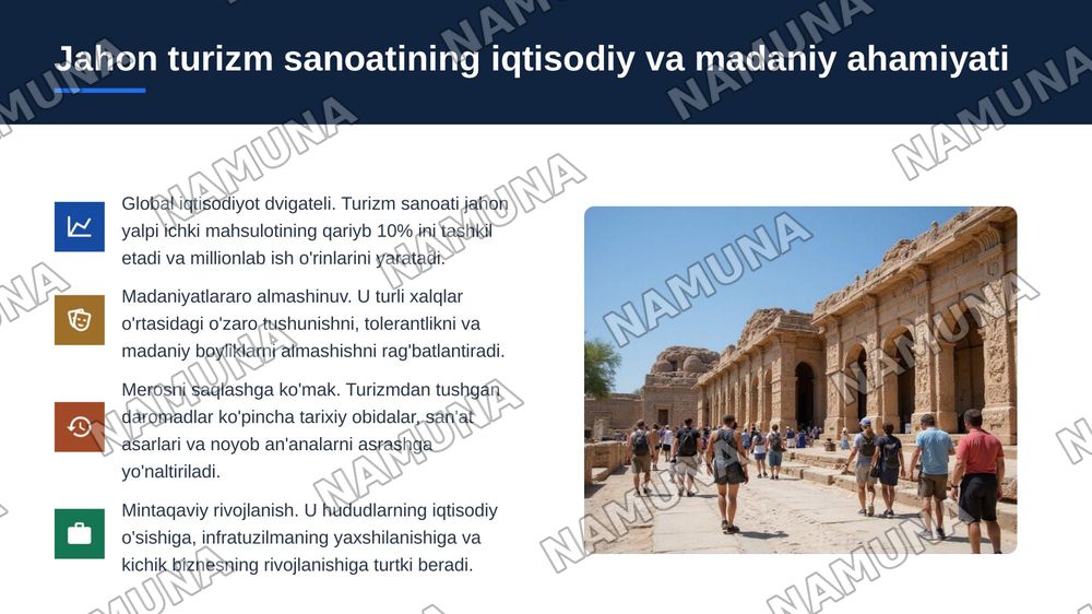 Turizm sohasini rivojlantirishda O'zbekistondagi tarixiy shaharlarning ahamiyati — 3-slayd