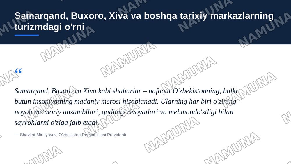Turizm sohasini rivojlantirishda O'zbekistondagi tarixiy shaharlarning ahamiyati — 5-slayd