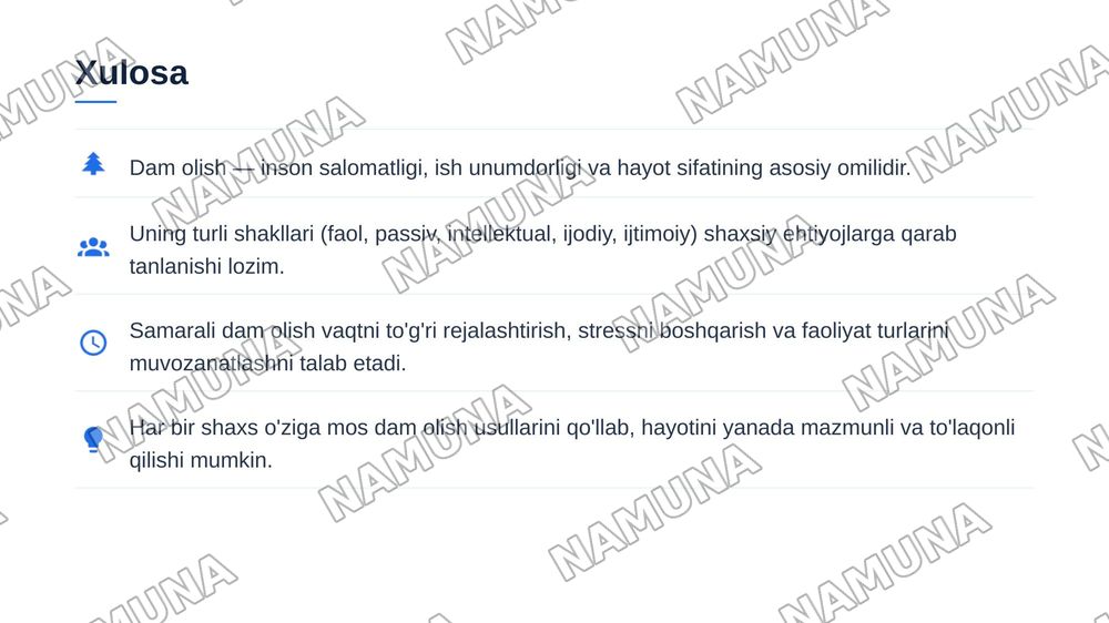 Dam olish vaqtlari va turlari — 8-slayd