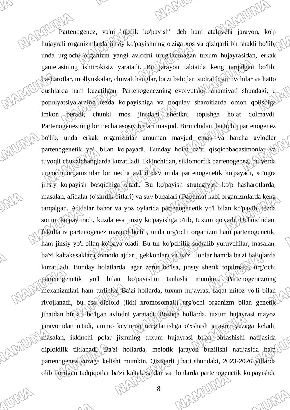 Ko’p hujayrali organizmlardagi jinssiz va jinsiy ko’payishning xillari ? Partenogenez va uning xillari — 8-varaq