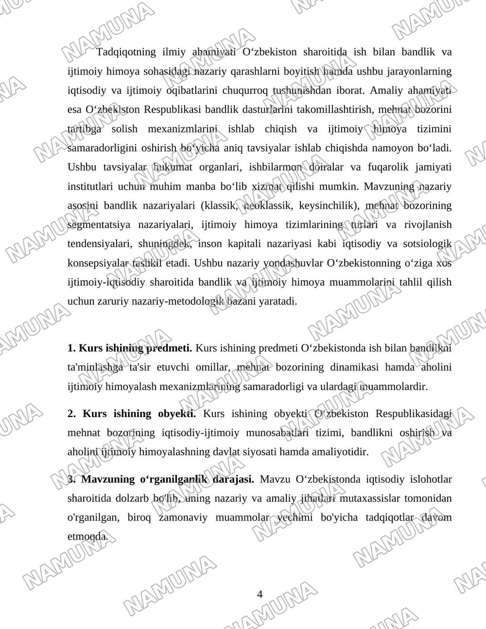 Oʻzbekiston respublikasida aholining ish bilan bandligini taminlash va ijtimoiy himoyalash muammolari — 4-varaq