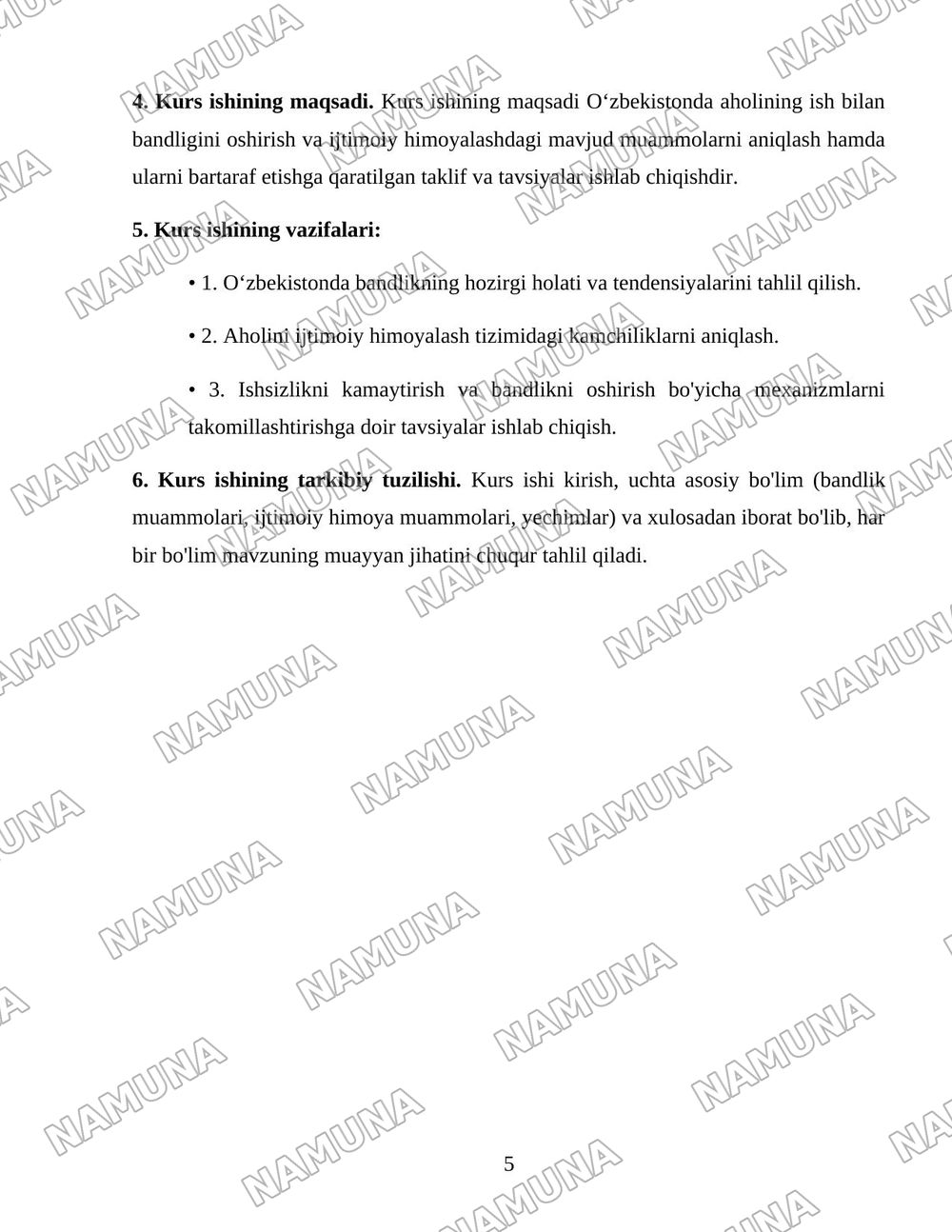Oʻzbekiston respublikasida aholining ish bilan bandligini taminlash va ijtimoiy himoyalash muammolari — 5-varaq