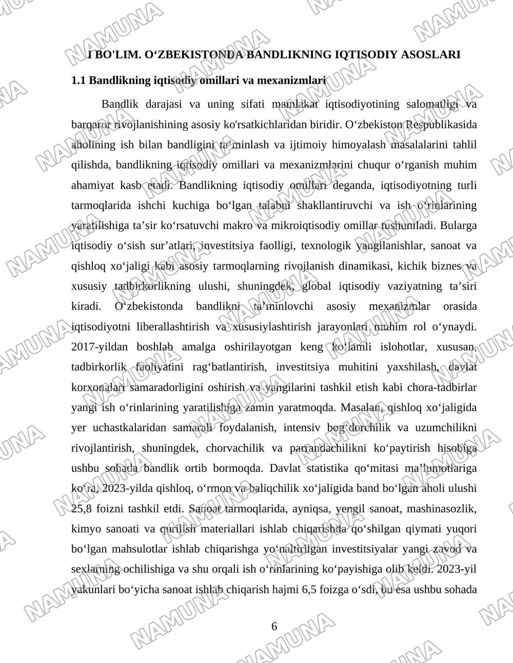 Oʻzbekiston respublikasida aholining ish bilan bandligini taminlash va ijtimoiy himoyalash muammolari — 6-varaq