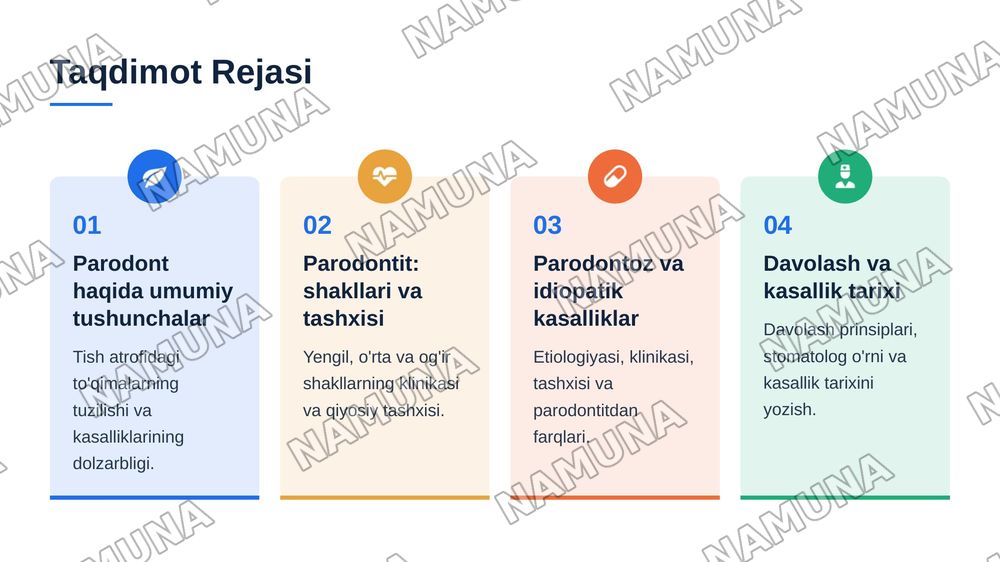 Parodontit. Yengil, o’rta va og‘ir shakllari. Klinikasi, qiyosiy tashxisi.
Parodontoz. Klinikasi, qiyosiy tashxisi. Parodontning idiopatik
6
kasalliklari. Klinikasi, qiyosiy tashxisi, davolash. Davolashda
stomatolog o‘mi. Kasallik tarixini yozis — 2-slayd