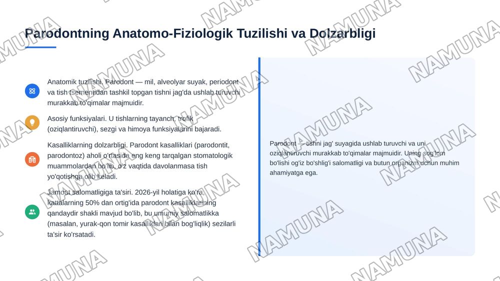 Parodontit. Yengil, o’rta va og‘ir shakllari. Klinikasi, qiyosiy tashxisi.
Parodontoz. Klinikasi, qiyosiy tashxisi. Parodontning idiopatik
6
kasalliklari. Klinikasi, qiyosiy tashxisi, davolash. Davolashda
stomatolog o‘mi. Kasallik tarixini yozis — 3-slayd