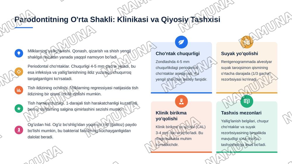 Parodontit. Yengil, o’rta va og‘ir shakllari. Klinikasi, qiyosiy tashxisi.
Parodontoz. Klinikasi, qiyosiy tashxisi. Parodontning idiopatik
6
kasalliklari. Klinikasi, qiyosiy tashxisi, davolash. Davolashda
stomatolog o‘mi. Kasallik tarixini yozis — 6-slayd