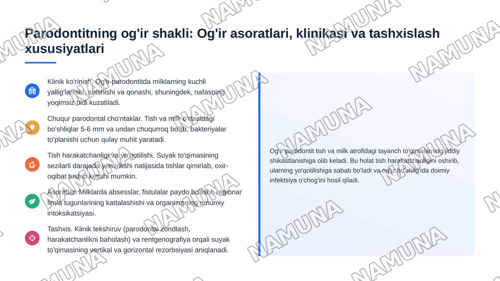Parodontit. Yengil, o’rta va og‘ir shakllari. Klinikasi, qiyosiy tashxisi.
Parodontoz. Klinikasi, qiyosiy tashxisi. Parodontning idiopatik
6
kasalliklari. Klinikasi, qiyosiy tashxisi, davolash. Davolashda
stomatolog o‘mi. Kasallik tarixini yozis — 7-slayd