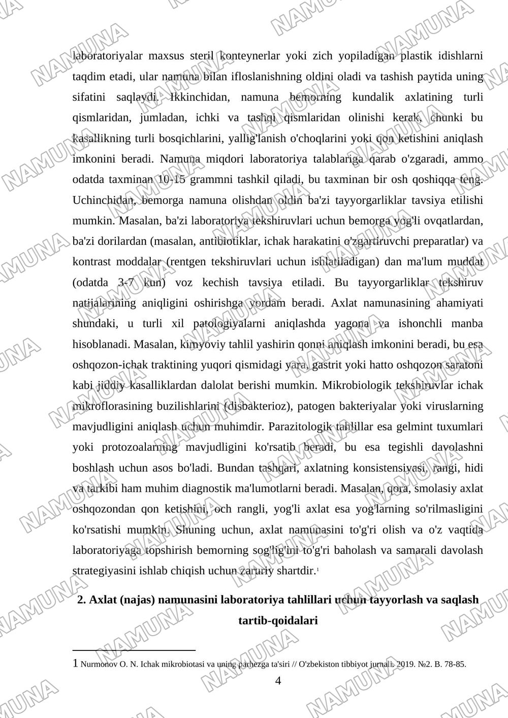 Hazm gilish tizimi patologiyalari bo'lgan bemorlar parvarishi: 6 Ichak faoliyatini nazorat gilish va laboratoriya tahlillari uchun axlat (najas) namunasini olish qoidalari. Klinik dietologiya asoslari — 4-varaq