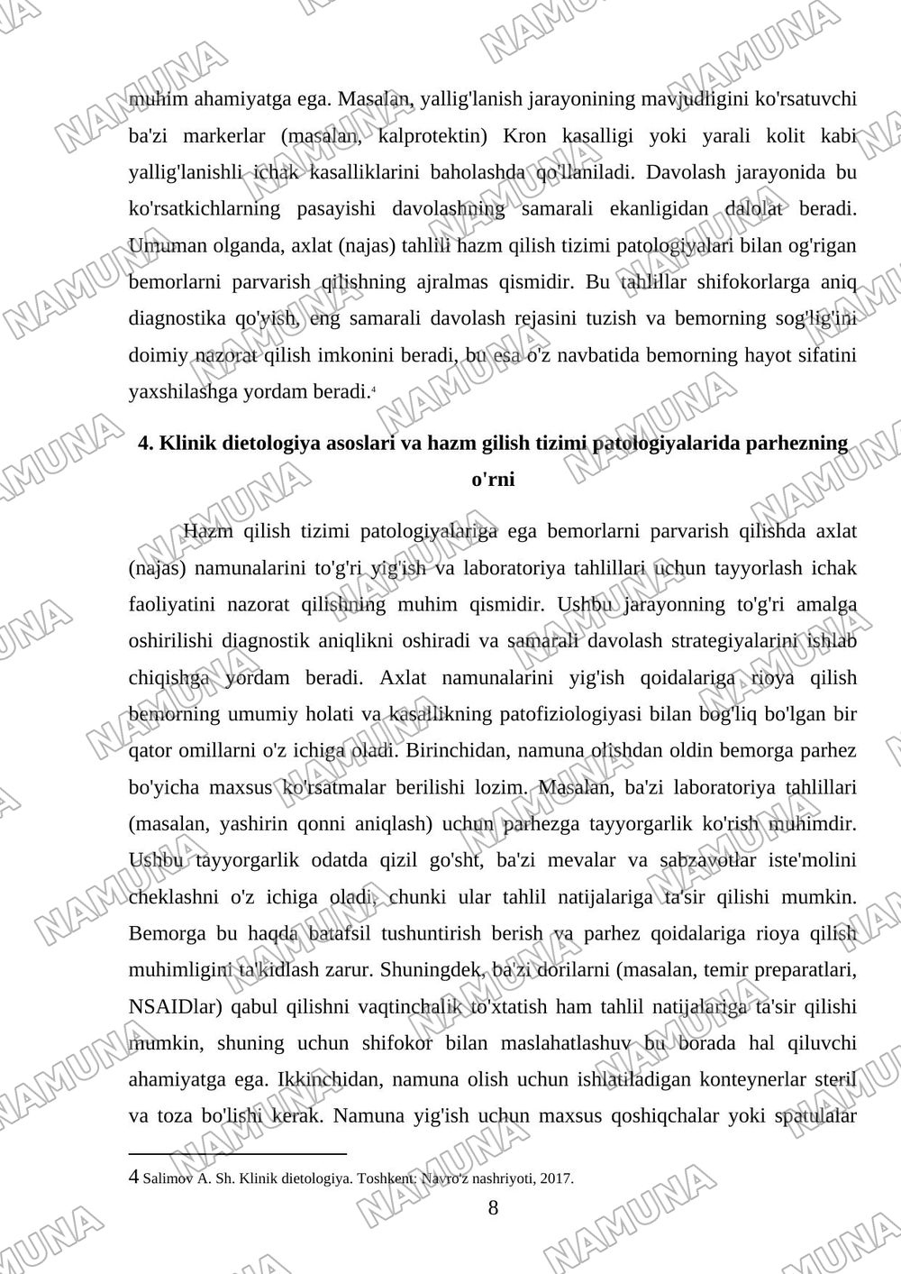 Hazm gilish tizimi patologiyalari bo'lgan bemorlar parvarishi: 6 Ichak faoliyatini nazorat gilish va laboratoriya tahlillari uchun axlat (najas) namunasini olish qoidalari. Klinik dietologiya asoslari — 8-varaq
