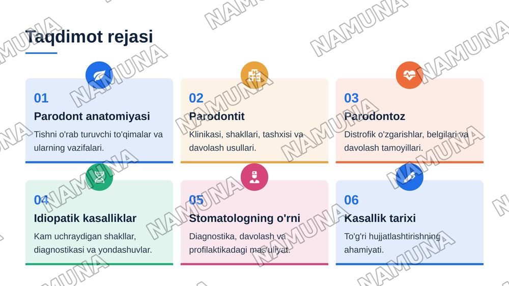 Parodontit. Yengil, o’rta va og‘ir shakllari. Klinikasi, qiyosiy tashxisi.
Parodontoz. Klinikasi, qiyosiy tashxisi. Parodontning idiopatik 6 kasalliklari. Klinikasi, qiyosiy tashxisi, davolash. Davolashda
stomatolog o‘rni. Kasallik tarixini yozis — 2-slayd