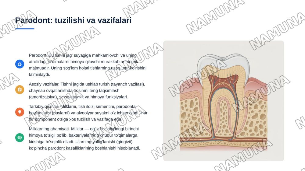 Parodontit. Yengil, o’rta va og‘ir shakllari. Klinikasi, qiyosiy tashxisi.
Parodontoz. Klinikasi, qiyosiy tashxisi. Parodontning idiopatik 6 kasalliklari. Klinikasi, qiyosiy tashxisi, davolash. Davolashda
stomatolog o‘rni. Kasallik tarixini yozis — 3-slayd