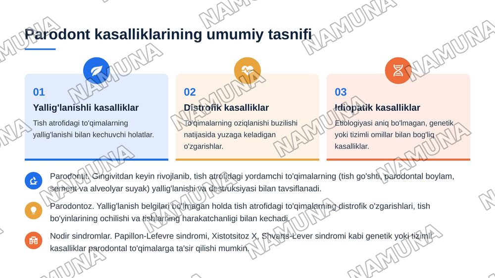 Parodontit. Yengil, o’rta va og‘ir shakllari. Klinikasi, qiyosiy tashxisi.
Parodontoz. Klinikasi, qiyosiy tashxisi. Parodontning idiopatik 6 kasalliklari. Klinikasi, qiyosiy tashxisi, davolash. Davolashda
stomatolog o‘rni. Kasallik tarixini yozis — 4-slayd