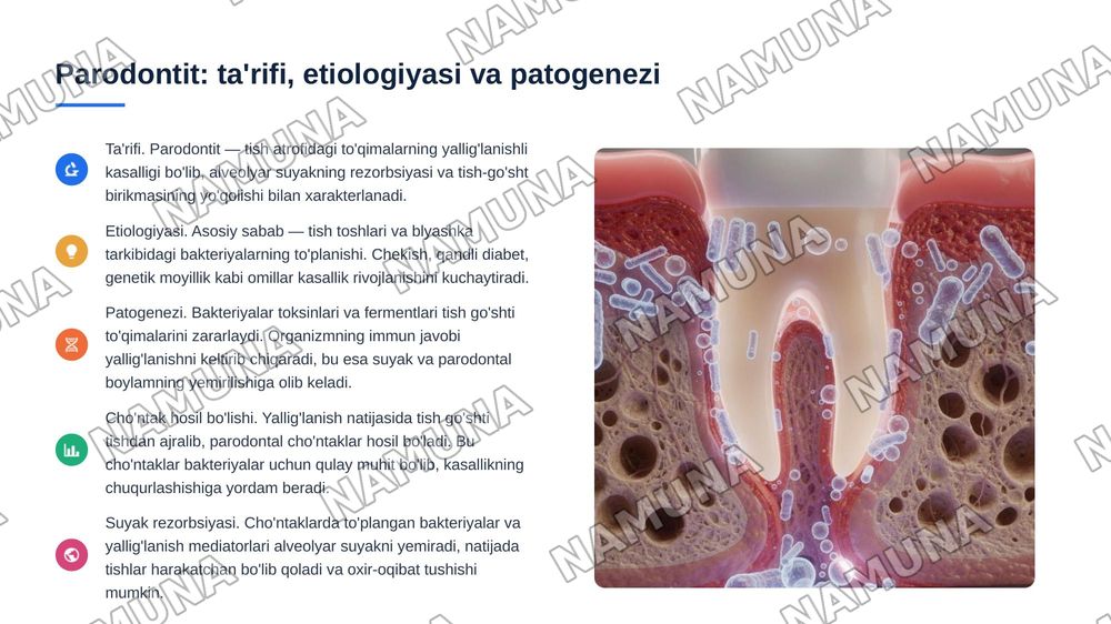 Parodontit. Yengil, o’rta va og‘ir shakllari. Klinikasi, qiyosiy tashxisi.
Parodontoz. Klinikasi, qiyosiy tashxisi. Parodontning idiopatik 6 kasalliklari. Klinikasi, qiyosiy tashxisi, davolash. Davolashda
stomatolog o‘rni. Kasallik tarixini yozis — 5-slayd