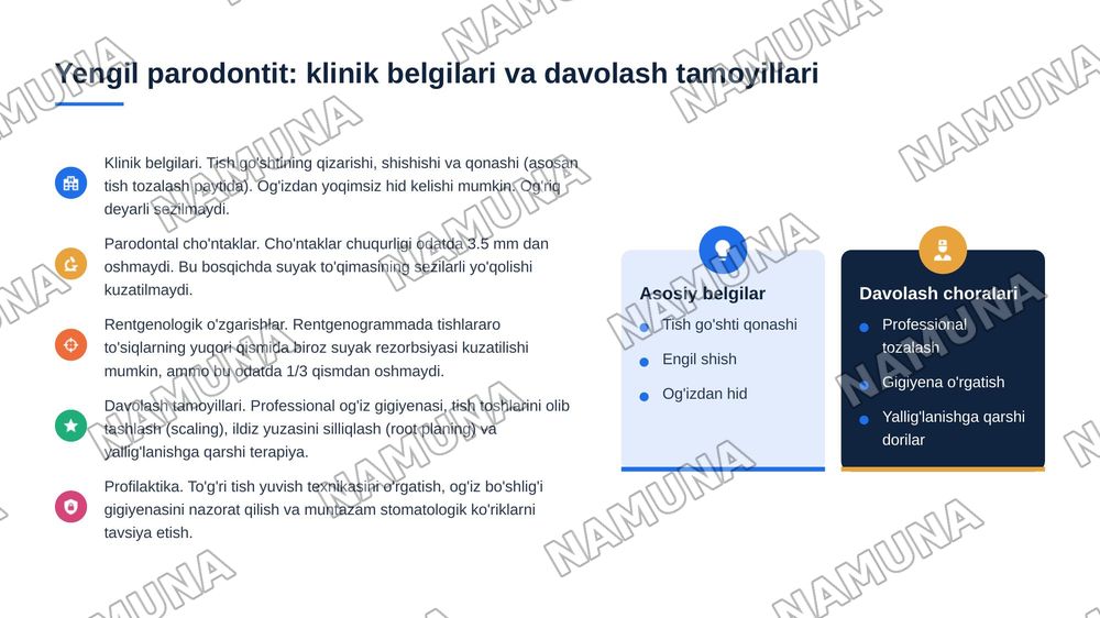 Parodontit. Yengil, o’rta va og‘ir shakllari. Klinikasi, qiyosiy tashxisi.
Parodontoz. Klinikasi, qiyosiy tashxisi. Parodontning idiopatik 6 kasalliklari. Klinikasi, qiyosiy tashxisi, davolash. Davolashda
stomatolog o‘rni. Kasallik tarixini yozis — 6-slayd