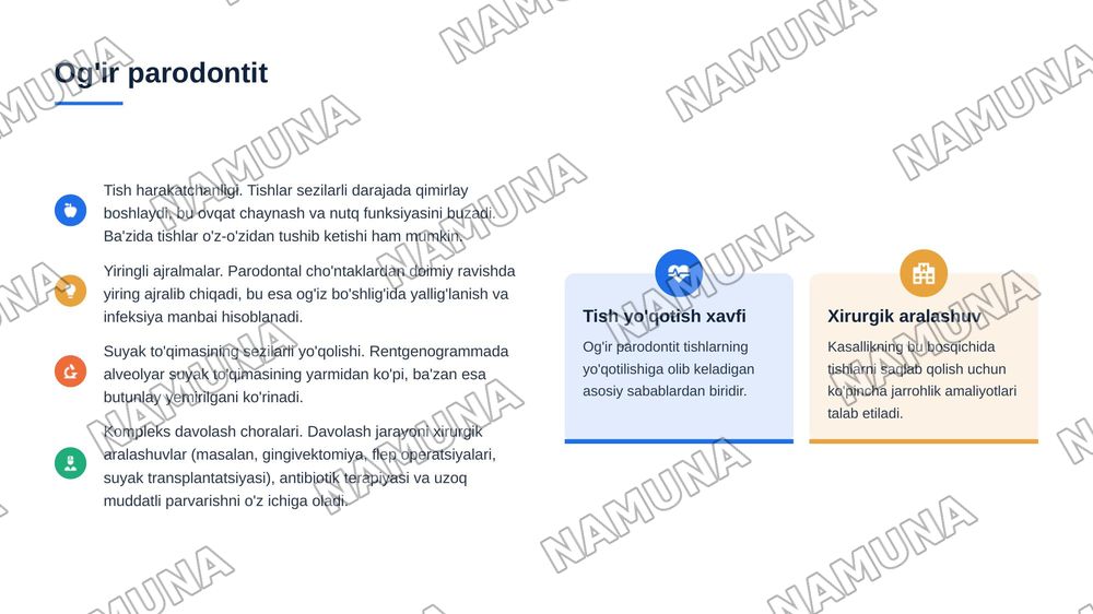 Parodontit. Yengil, o’rta va og‘ir shakllari. Klinikasi, qiyosiy tashxisi.
Parodontoz. Klinikasi, qiyosiy tashxisi. Parodontning idiopatik 6 kasalliklari. Klinikasi, qiyosiy tashxisi, davolash. Davolashda
stomatolog o‘rni. Kasallik tarixini yozis — 8-slayd