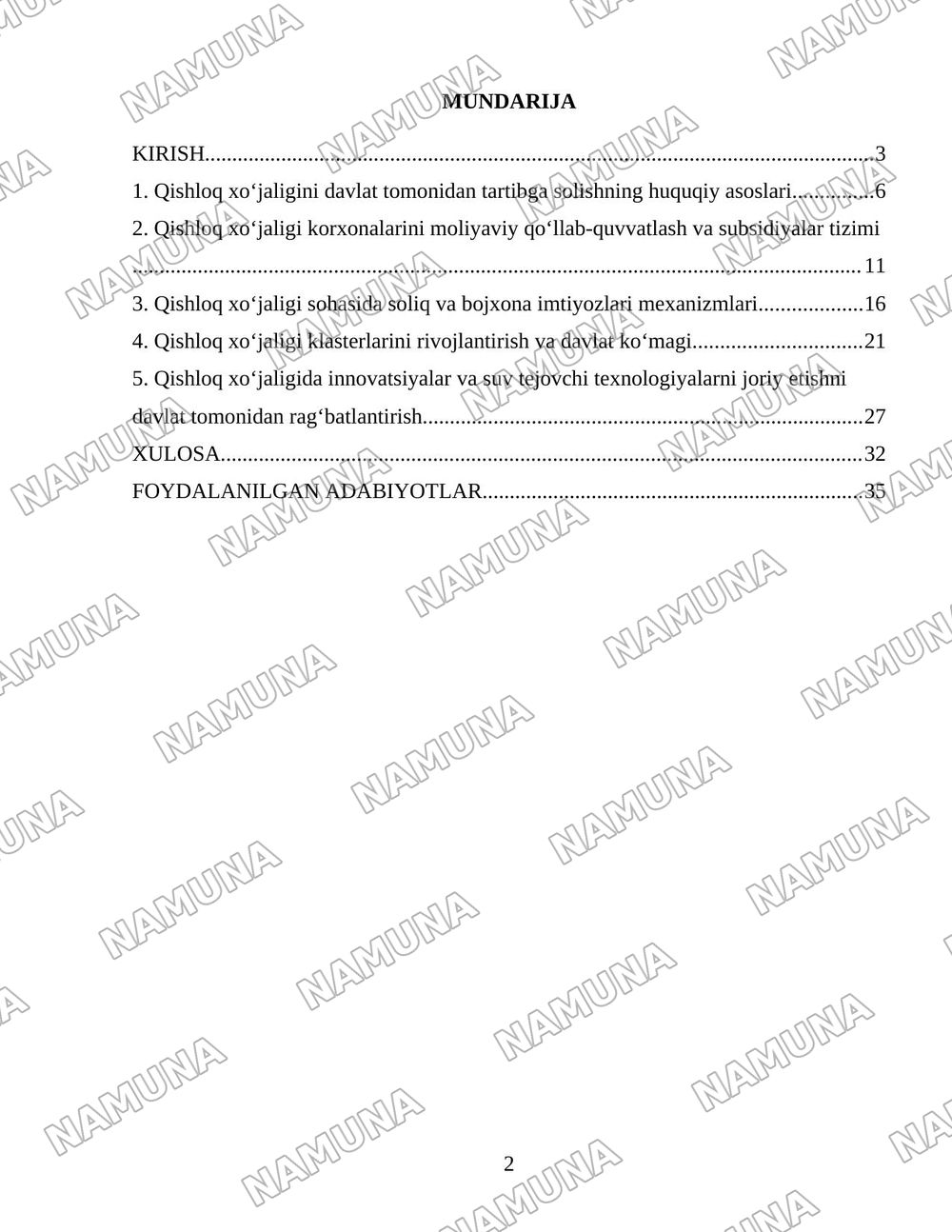 Oʻzbekistonda Qishloq xoʻjaligi korxonalarini davlat tomonidan tartibga solish va qollab quvvatlsh tizimi — 2-varaq