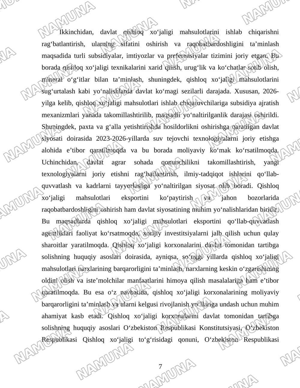 Oʻzbekistonda Qishloq xoʻjaligi korxonalarini davlat tomonidan tartibga solish va qollab quvvatlsh tizimi — 7-varaq