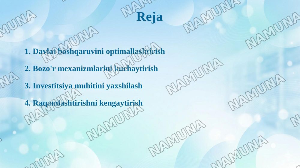 O‘zbekistonda iqtisodiyotni davlat tomonidan boshqarish va tartibga solish tizimini yanada takomillashtirish yo‘llari. — 2-slayd