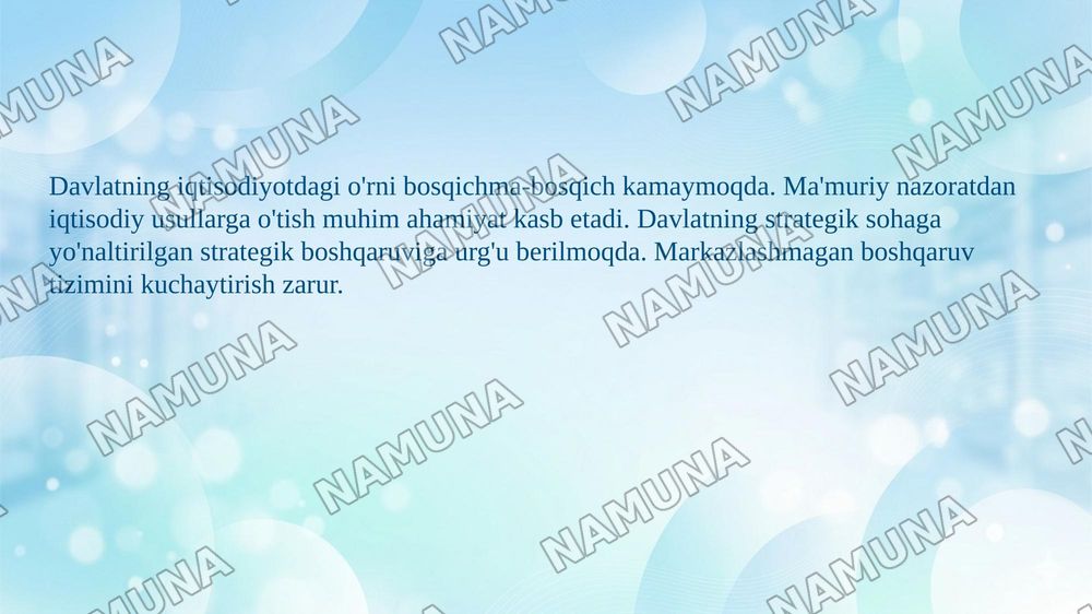 O‘zbekistonda iqtisodiyotni davlat tomonidan boshqarish va tartibga solish tizimini yanada takomillashtirish yo‘llari. — 5-slayd