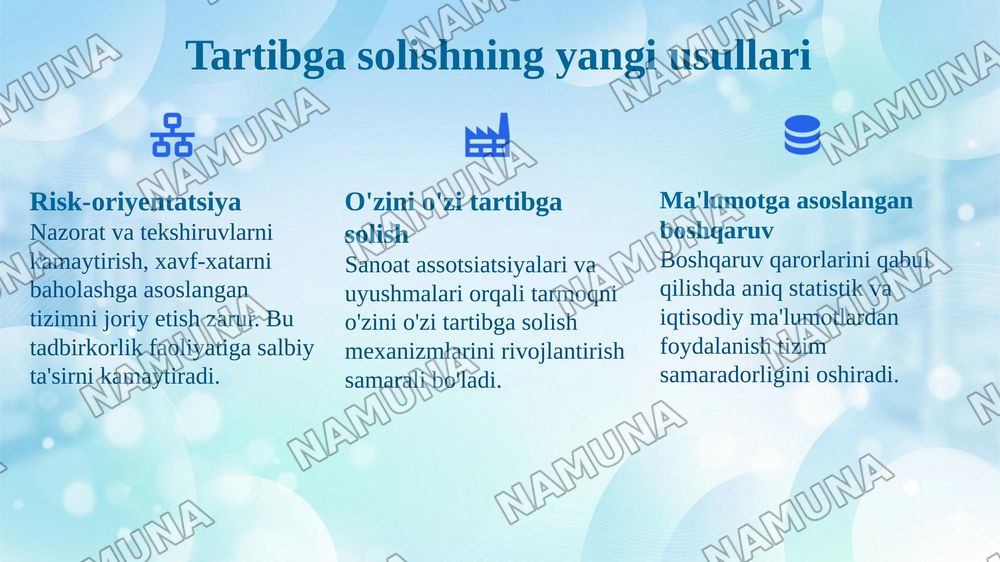O‘zbekistonda iqtisodiyotni davlat tomonidan boshqarish va tartibga solish tizimini yanada takomillashtirish yo‘llari. — 7-slayd