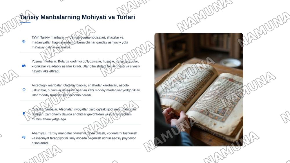 Tarixiy Manbalarni o'rganish: aniqlash, tiklash, tavsiflash va tahlil qilish — 3-slayd
