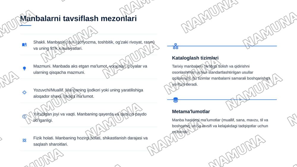 Tarixiy Manbalarni o'rganish: aniqlash, tiklash, tavsiflash va tahlil qilish — 6-slayd