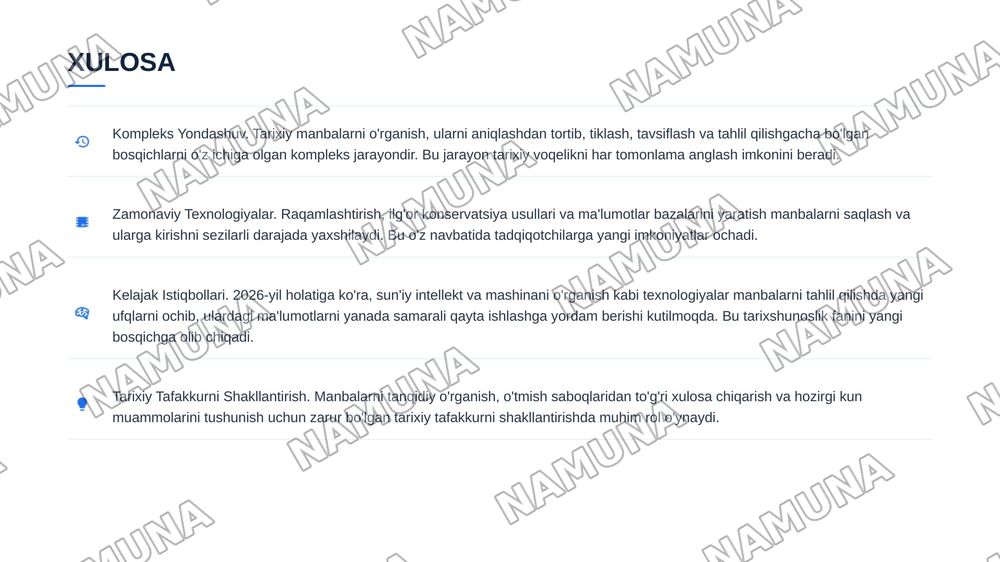 Tarixiy Manbalarni o'rganish: aniqlash, tiklash, tavsiflash va tahlil qilish — 8-slayd