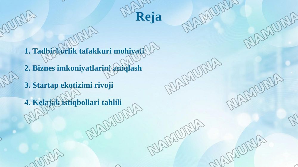 Tadbirkorlik tafakkuri, biznes imkoniyati va startap ekotizimi. — 2-slayd