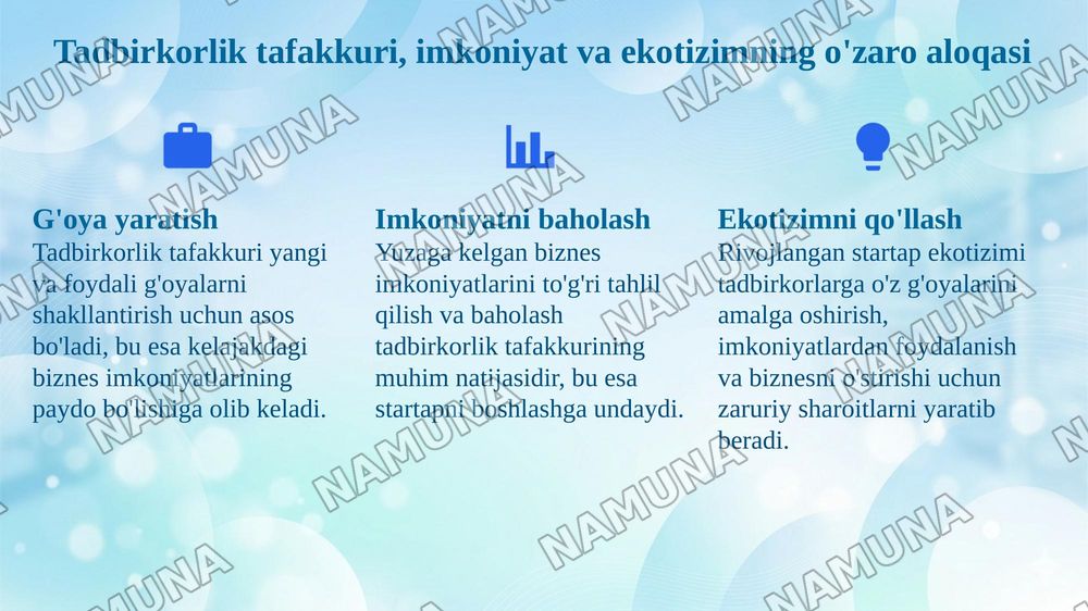 Tadbirkorlik tafakkuri, biznes imkoniyati va startap ekotizimi. — 8-slayd