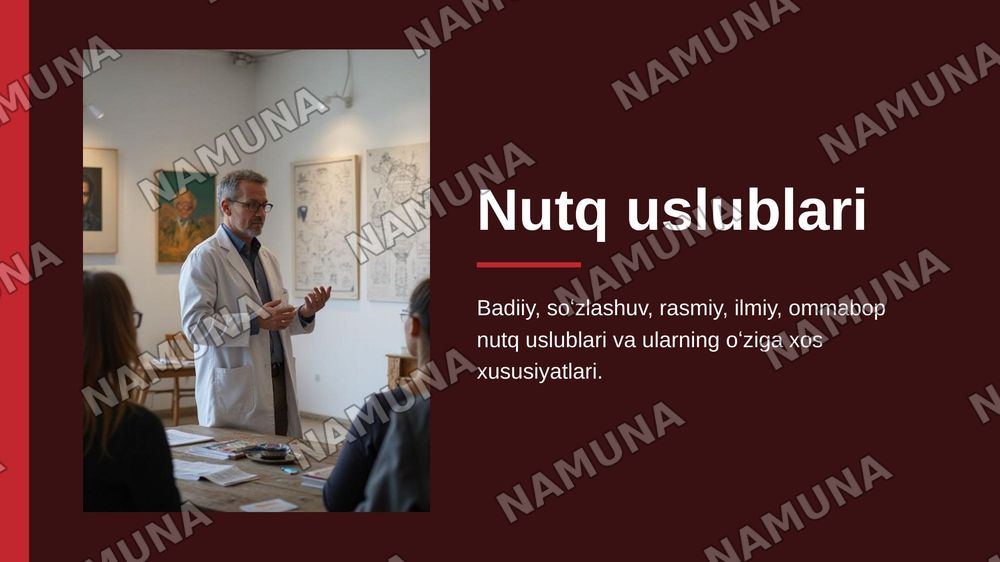 Badiiy soʻzlashuv rasmiy ilmiy ommabop nutq uslublarini tavsiflash — 1-slayd