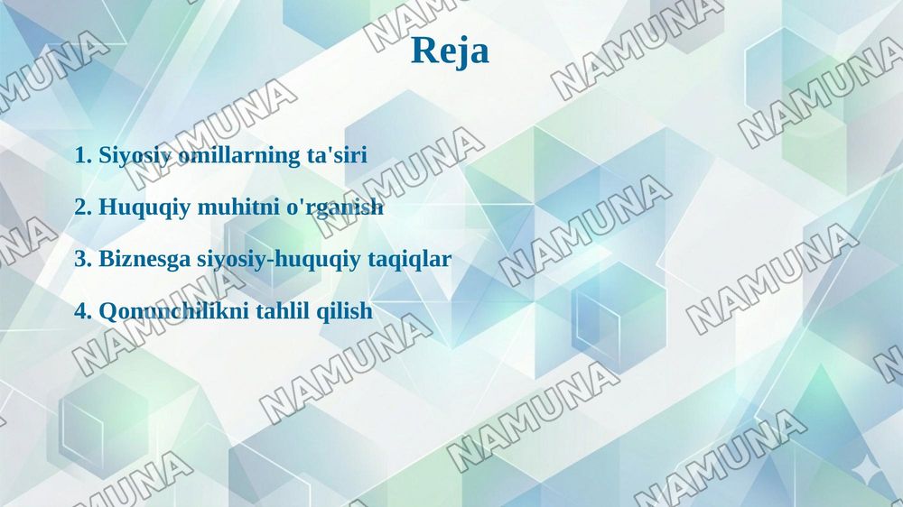 biznes yuritishda siyosiy va huquqiy omillar tahlili — 2-slayd