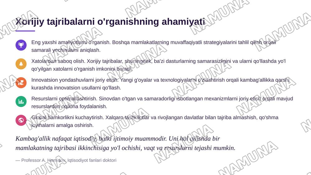 Xorijiy mamlakatlarning kambagʻallikni qisqartirish boʻyicha tajribalarini Oʻzbekistonda qoʻllash yoʻllari — 5-slayd