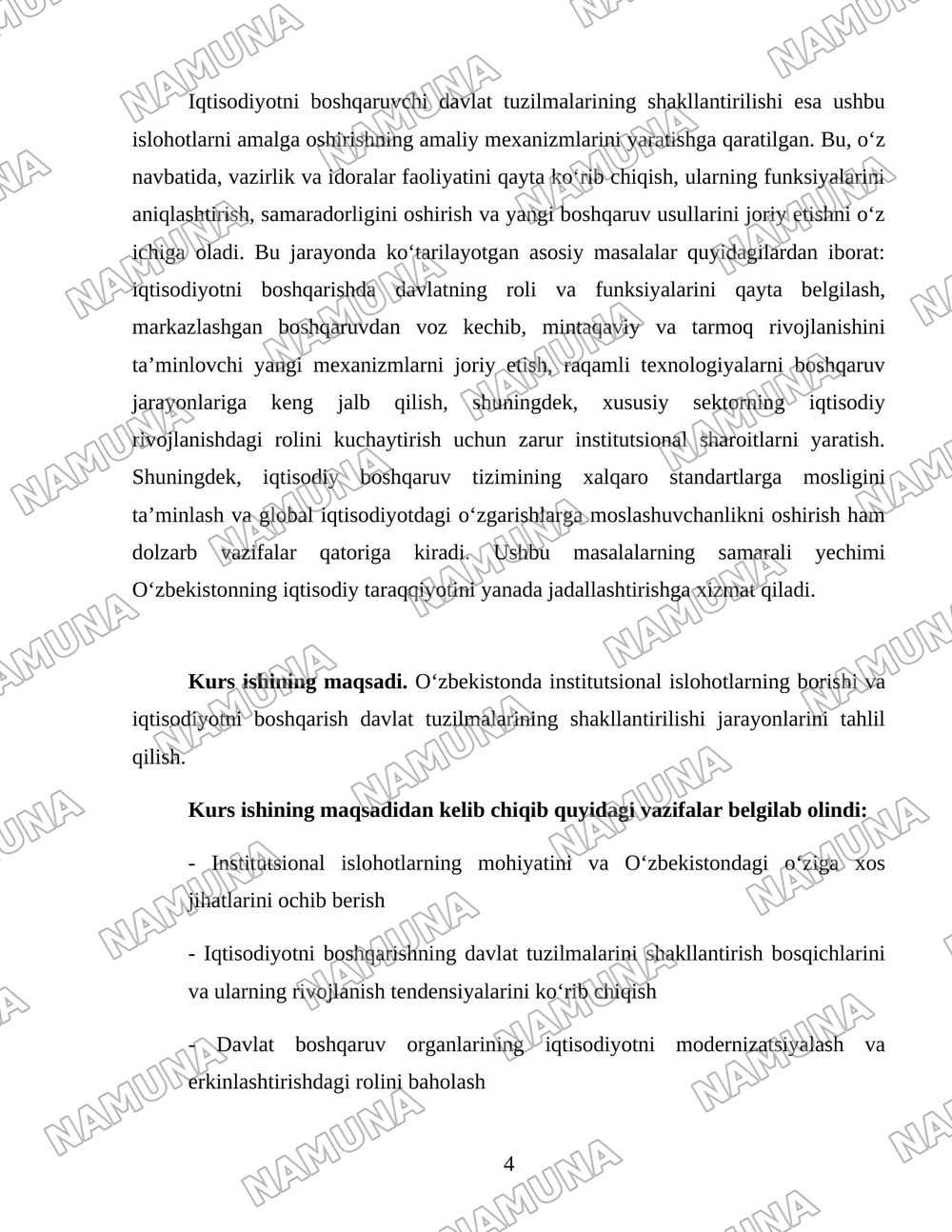 O'zbekistonda institutsional islohotlar va iqtisodiyotni boshqarish davlat tuzilmalarining shakllantirilishi. — 4-varaq