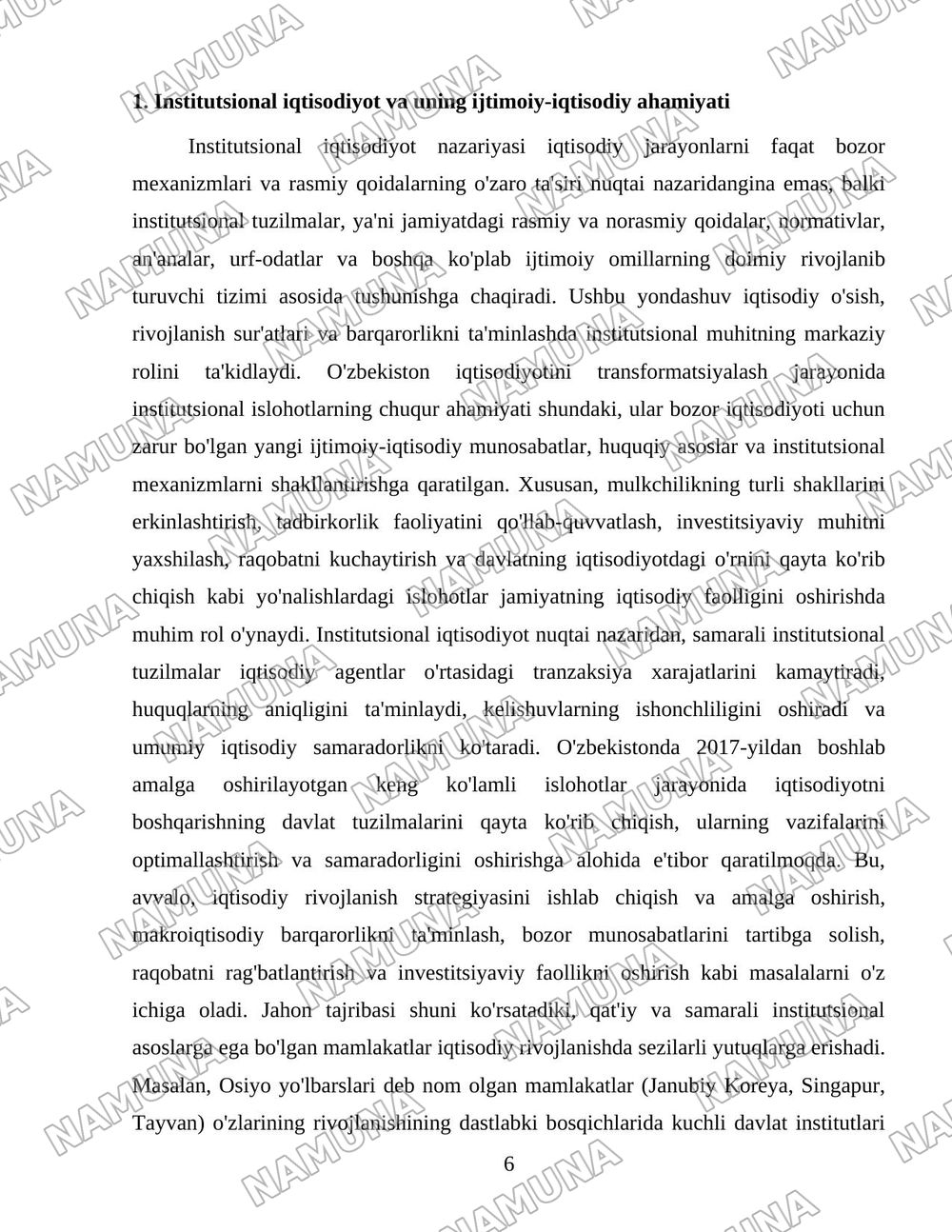 O'zbekistonda institutsional islohotlar va iqtisodiyotni boshqarish davlat tuzilmalarining shakllantirilishi. — 6-varaq