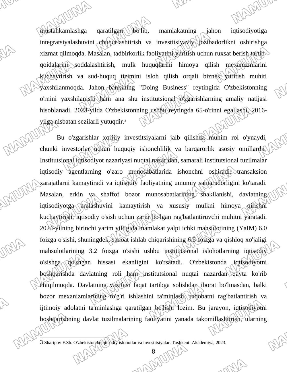 O'zbekistonda institutsional islohotlar va iqtisodiyotni boshqarish davlat tuzilmalarining shakllantirilishi. — 8-varaq
