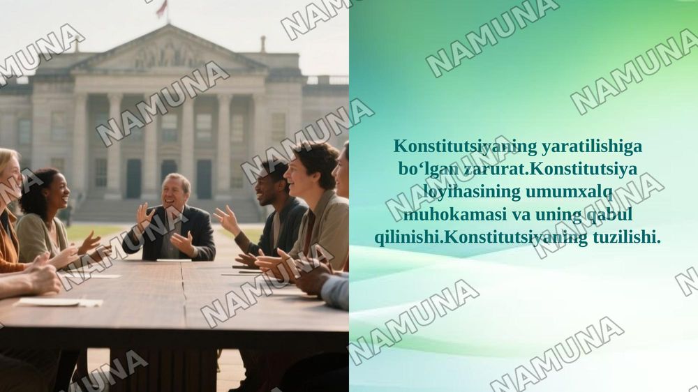 Konstitutsiyaning yaratilishiga boʻlgan zarurat.Konstitutsiya loyihasining umumxalq muhokamasi va uning qabul qilinishi.Konstitutsiyaning tuzilishi. — 1-slayd