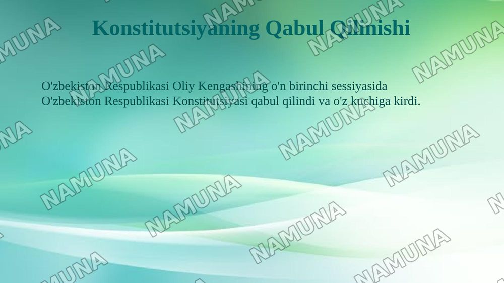 Konstitutsiyaning yaratilishiga boʻlgan zarurat.Konstitutsiya loyihasining umumxalq muhokamasi va uning qabul qilinishi.Konstitutsiyaning tuzilishi. — 7-slayd