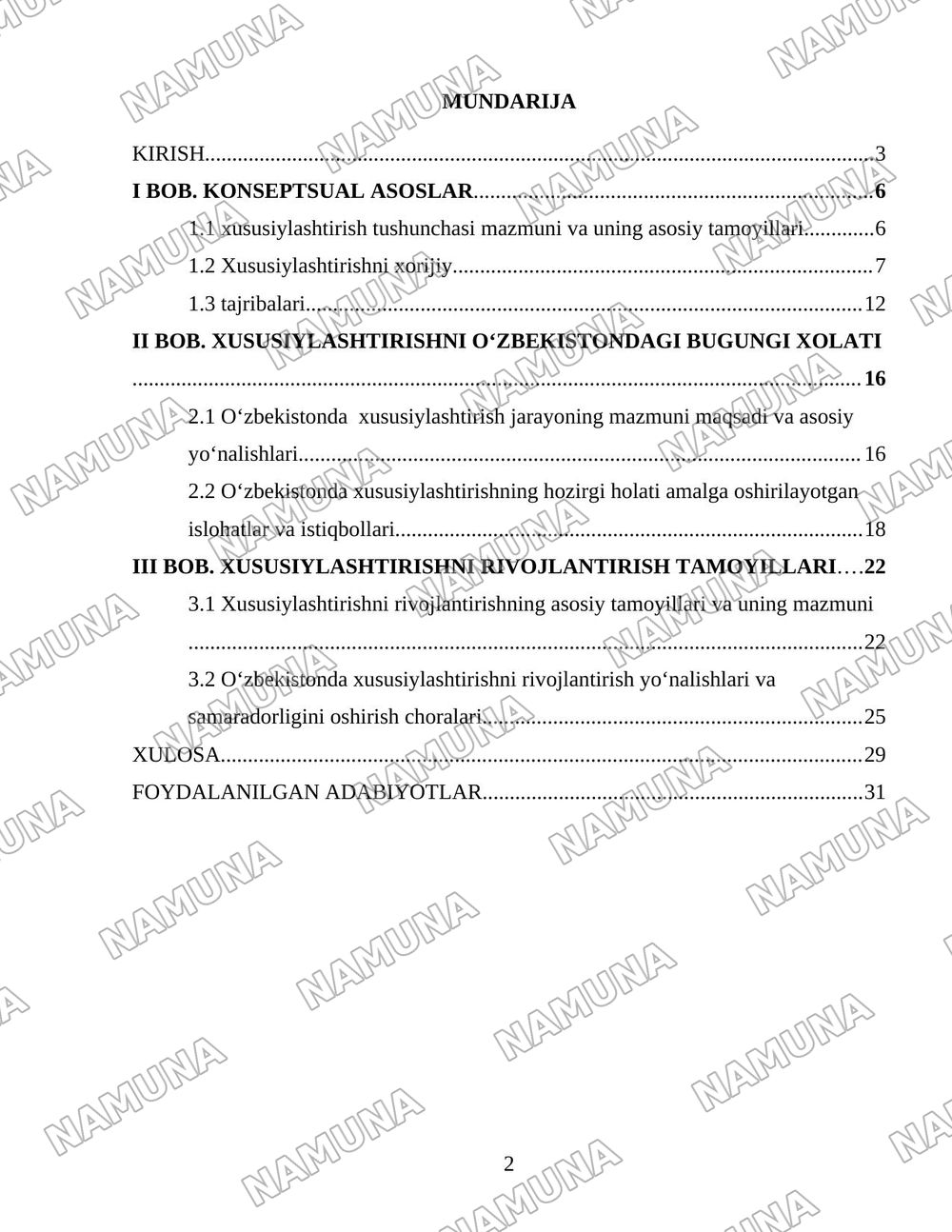 Oʻzbekistonda mulkni davlat tasarufidan chiqarish va xususiylashtirishning hozirgi zamondagi xususiyatlari asosiy shakillari va usullari. — 2-varaq