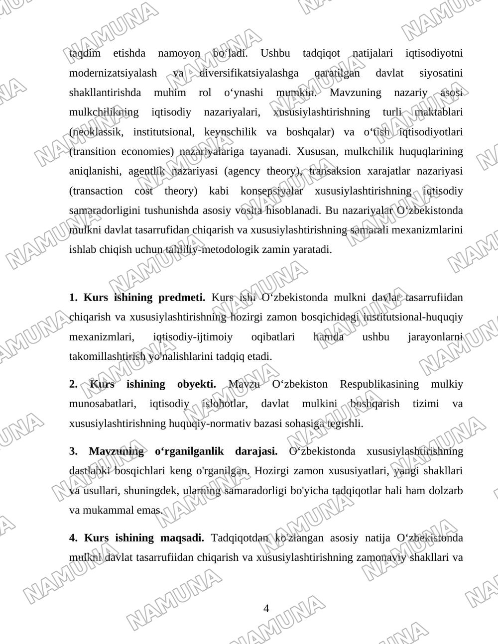 Oʻzbekistonda mulkni davlat tasarufidan chiqarish va xususiylashtirishning hozirgi zamondagi xususiyatlari asosiy shakillari va usullari. — 4-varaq