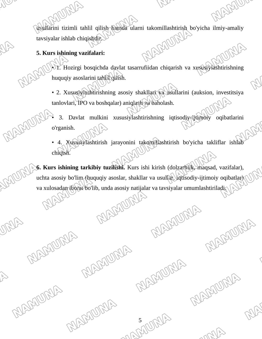 Oʻzbekistonda mulkni davlat tasarufidan chiqarish va xususiylashtirishning hozirgi zamondagi xususiyatlari asosiy shakillari va usullari. — 5-varaq