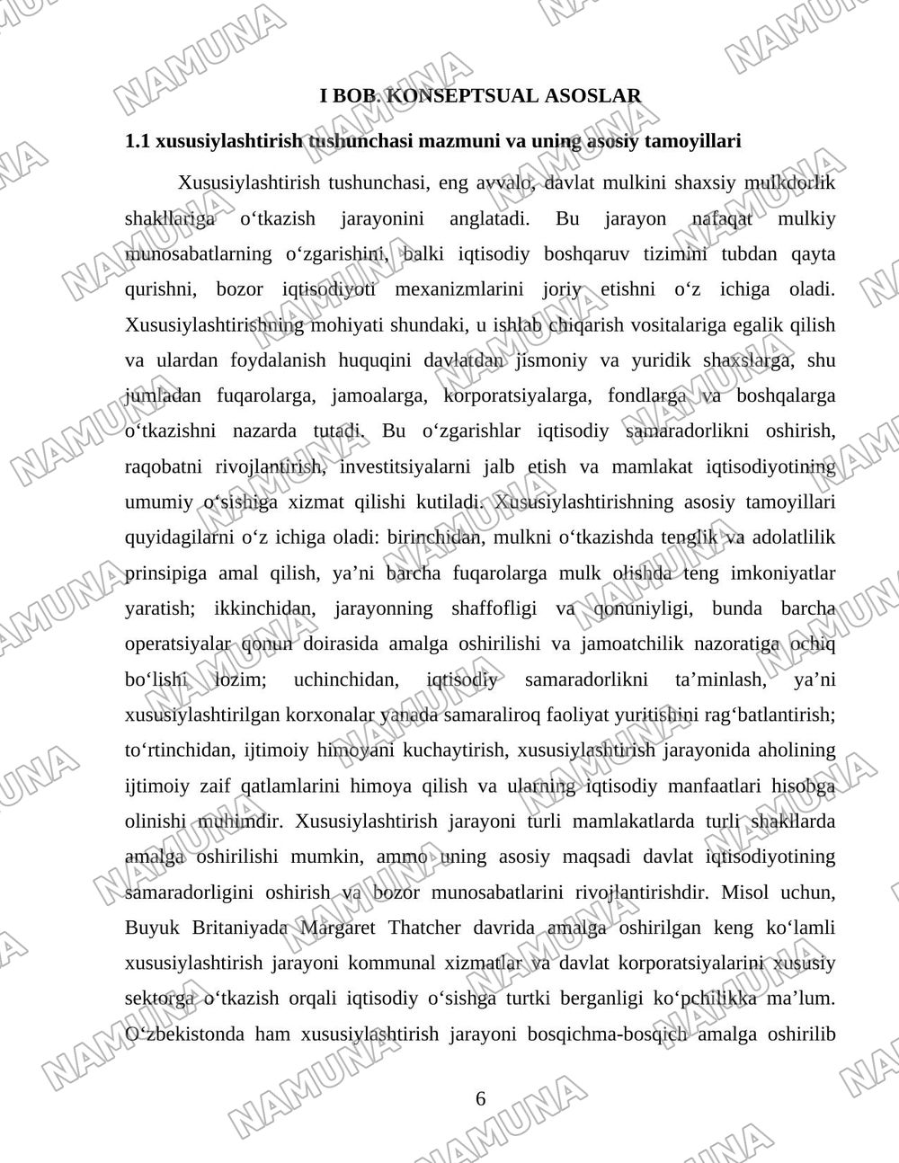 Oʻzbekistonda mulkni davlat tasarufidan chiqarish va xususiylashtirishning hozirgi zamondagi xususiyatlari asosiy shakillari va usullari. — 6-varaq