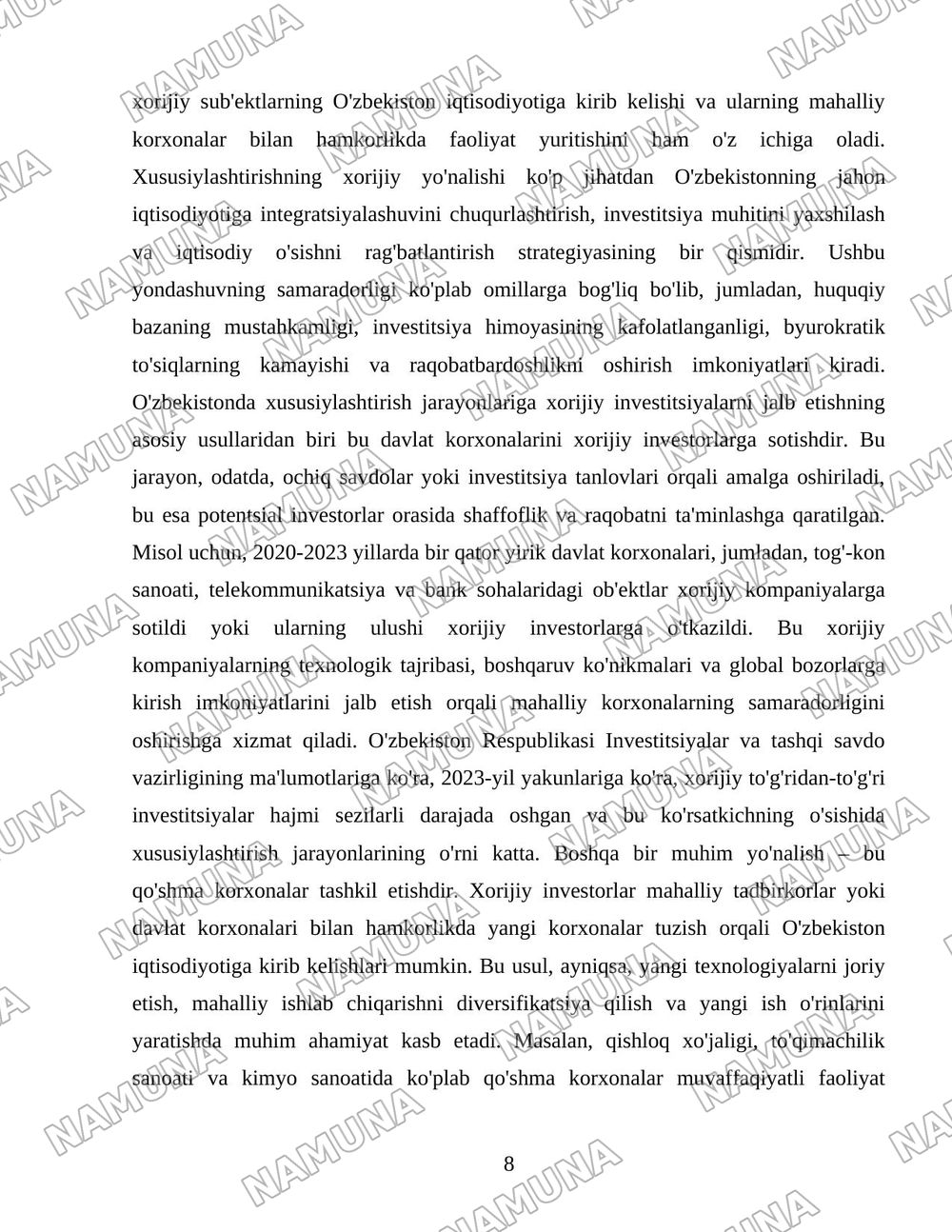 Oʻzbekistonda mulkni davlat tasarufidan chiqarish va xususiylashtirishning hozirgi zamondagi xususiyatlari asosiy shakillari va usullari. — 8-varaq
