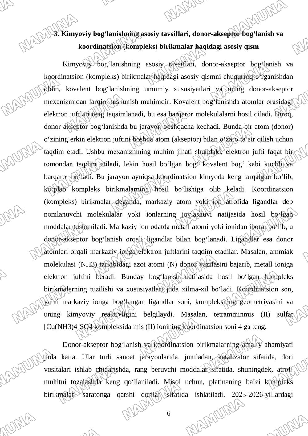 Kimyoviy bog‘lanishning asosiy tavsiflari. Donor-akseptor bog‘lanish. Koordinatsion (kompleks) birikmalar. — 6-varaq