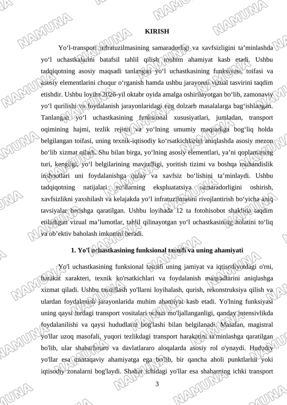 . Tanlangan yoʻl uchastkasining funksiyasi, toifasi va asosiy elementlari boʻyicha 12 fotohisobot. — 3-varaq
