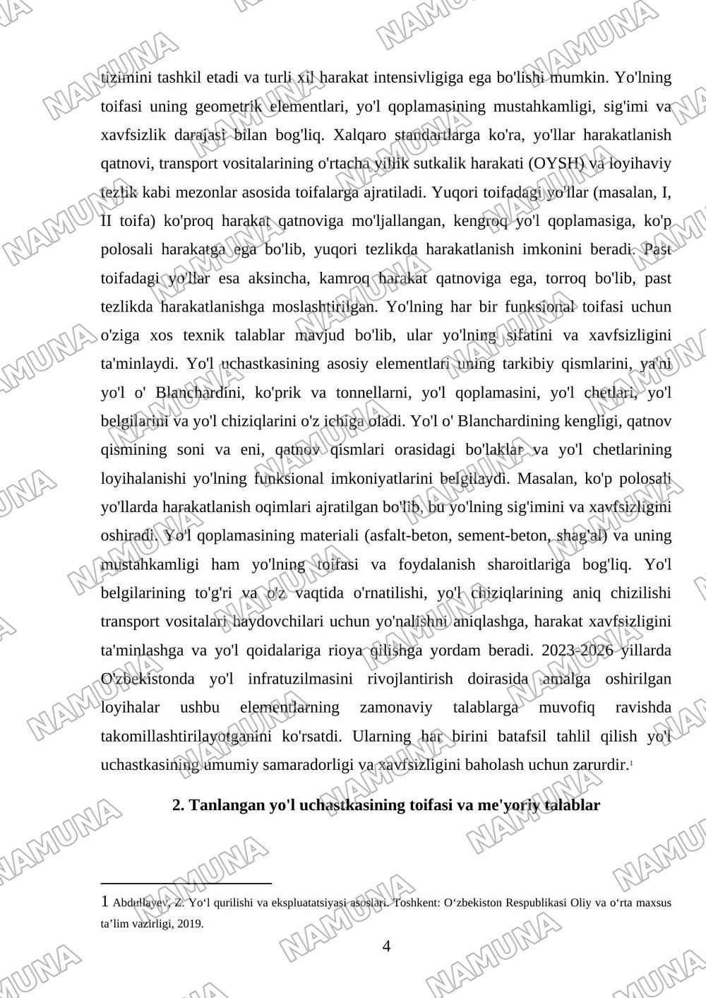 . Tanlangan yoʻl uchastkasining funksiyasi, toifasi va asosiy elementlari boʻyicha 12 fotohisobot. — 4-varaq