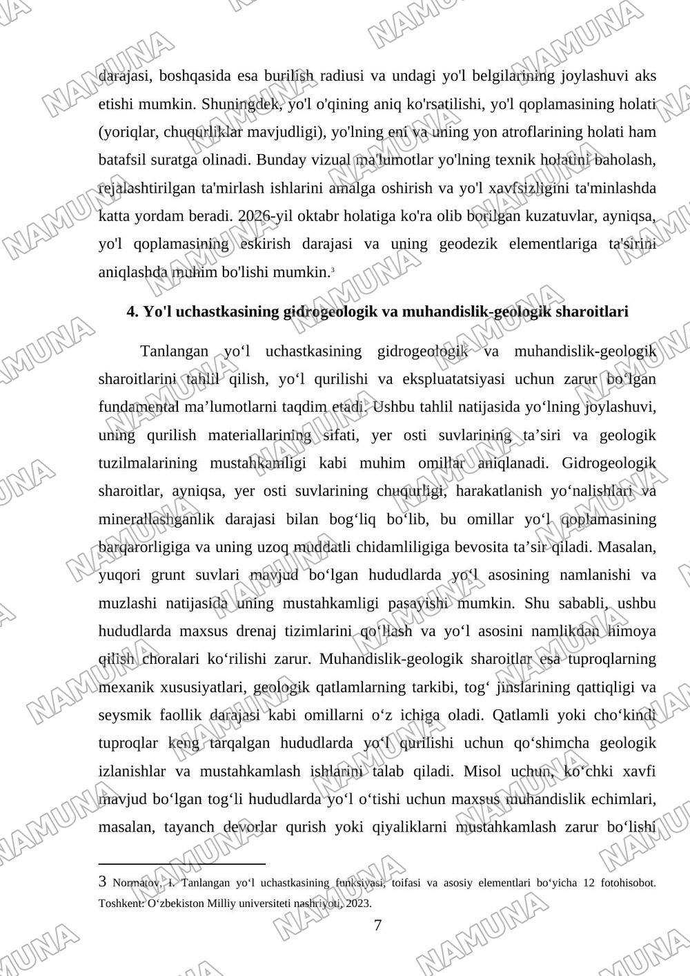 . Tanlangan yoʻl uchastkasining funksiyasi, toifasi va asosiy elementlari boʻyicha 12 fotohisobot. — 7-varaq