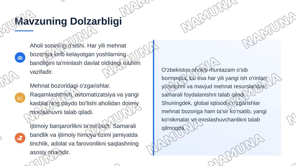 Oʻzbekiston respublikasi aholining ish bilan bandligini taʼminlash va ijtimoiy himoyalash muammolari — 3-slayd