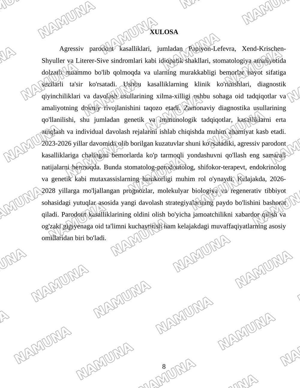 Parodont kasalliklarining agressiv shakllari. Klinikasi, qiyosiy tashxisi, davolash, profilaktika. Idiopatik kasalliklar - Papiyon- Lefevra, Xend-Krischen-Shyuller, Literer-Sive sindromlari. Parodonto — 8-varaq