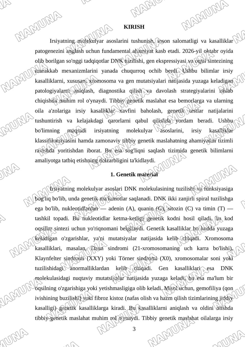 Irsiyatning molekulyar asoslari. Irsiy kasalliklar: xromosoma va gen kasalliklari. tibbiy- genetik maslaxat. — 3-varaq